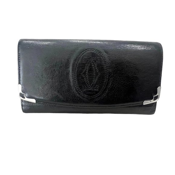 CARTIER: Black Leather Double C Logo Long Wallet #1300 - Picture 1 of 9
